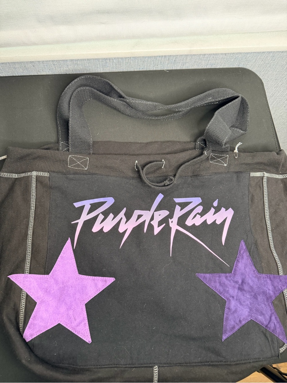NWT PurpleRain Black SweatBag Tote with Purple Stars